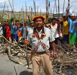 Awajún protestors with spears near Bagua, Peru, 2009